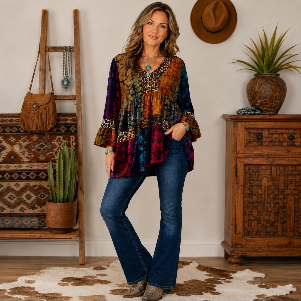 Caleesa Bohemian Velvet Leopard Print Burnout Mixed Print Flowy Peplum Top 2X